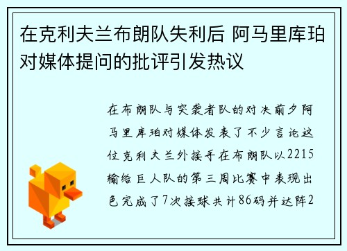 在克利夫兰布朗队失利后 阿马里库珀对媒体提问的批评引发热议